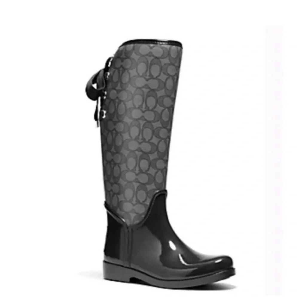 Authentic Coach Gray/Black Signature Outline “Tristee” Rain Boots